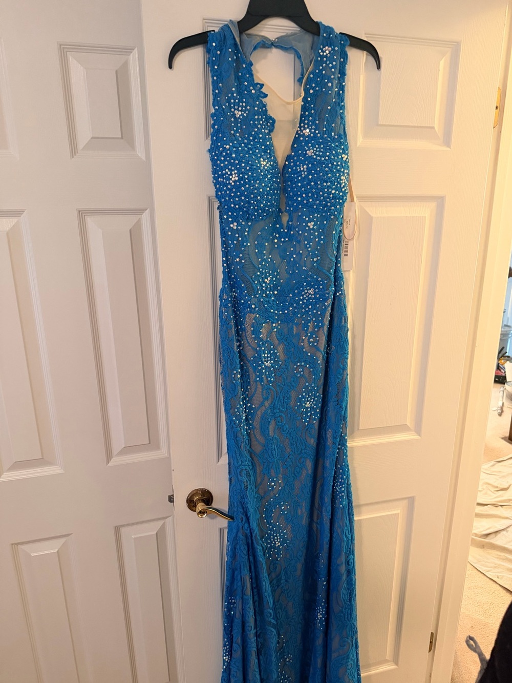 Jovani Turquoise Blue Beaded Lace Backless Evening Gown